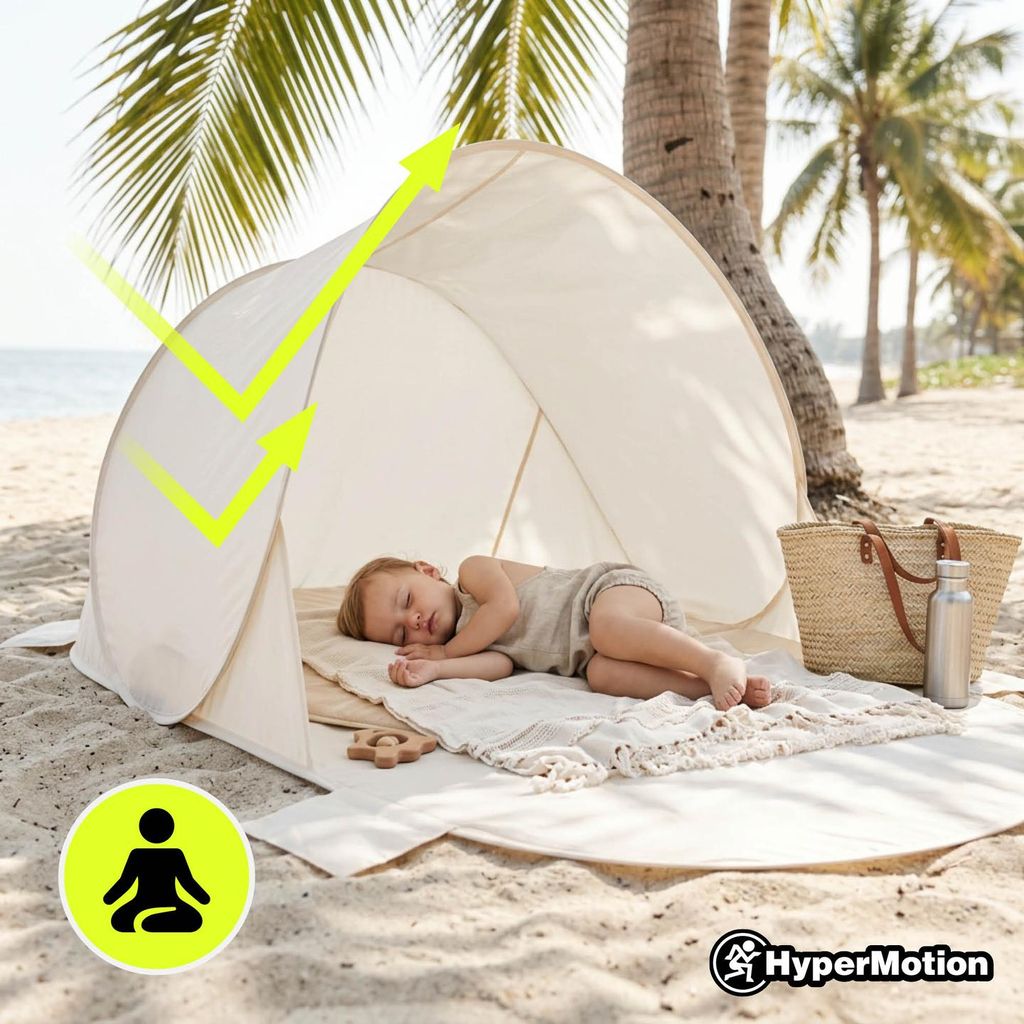 namiot-przeciwsloneczny-171dlq.jpg HyperMotion namiot plażowy samorozkładający pop up 200 × 130 × 90 cm beżowy z podłogą, 4 kieszeniami na piasek i torbą transportową - obrazek 1