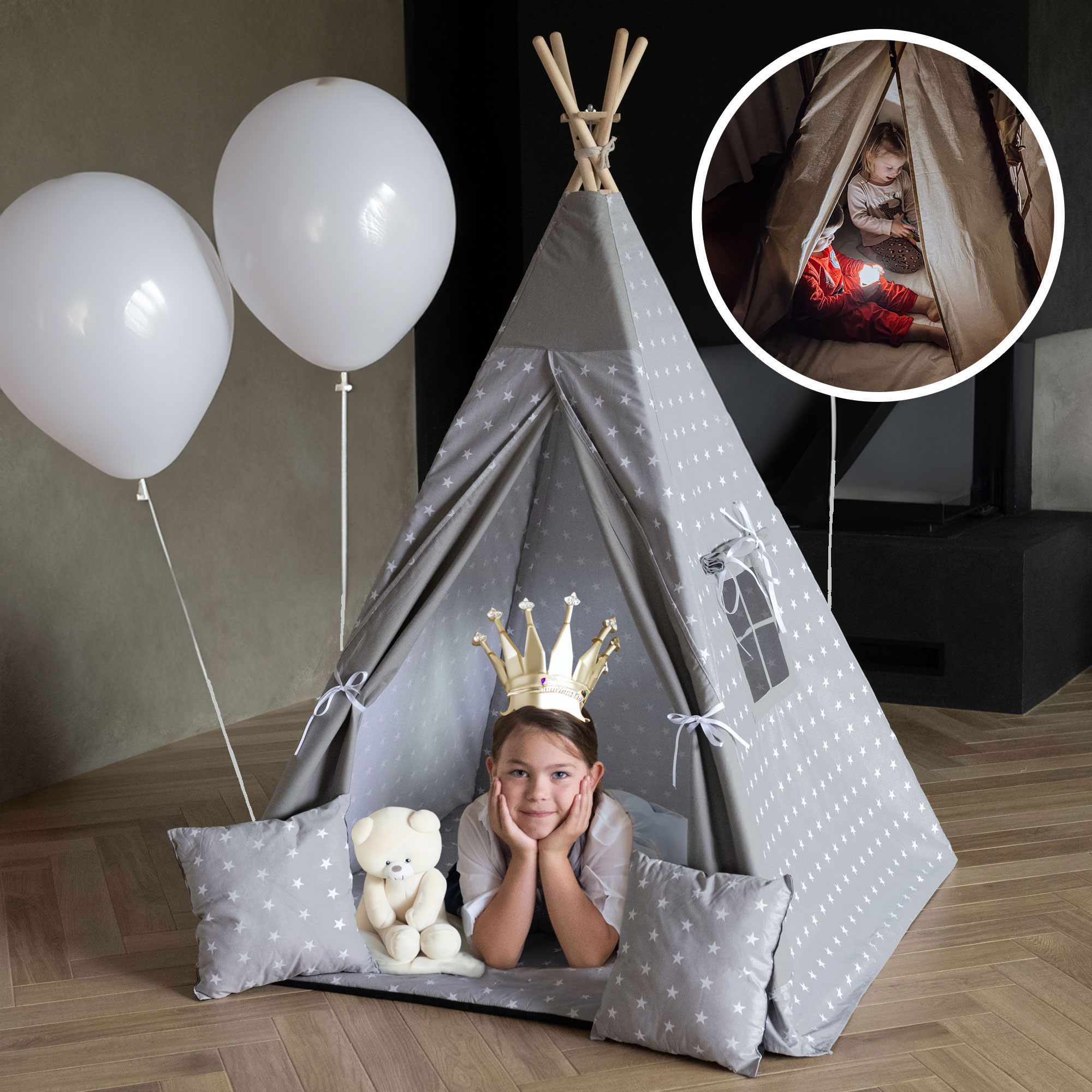 tipi-namiot-dla-dzieci-875zjw-1.jpg Namiot TIPI domek (teepee) Zestaw 6 elementowy dla dzieci z poduszkami, stabilizatorem i lampką Gwiazdy | KidHero - obrazek 1